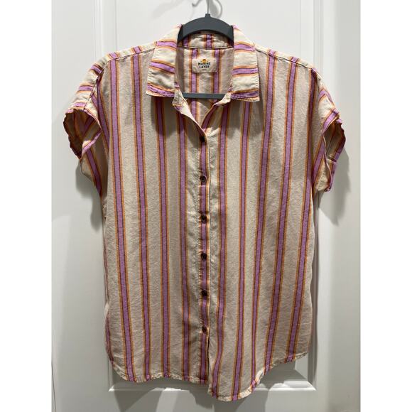 Marine Layer Dana Short Sleeve Button Down Violet Stripe Sz S - Picture 2 of 7